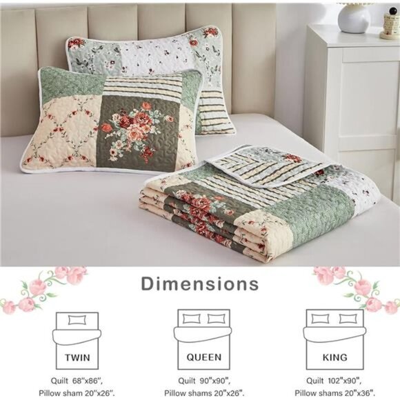 Quilt Set Full/Queen Size, 3 Pieces Green Floral Plaid Summer Bedspread - Picture 6 of 7